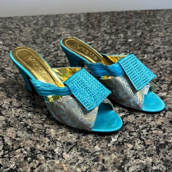 Vogue Turquoise and Gold Embellished Heels EUC 39 - Picture 1 of 16